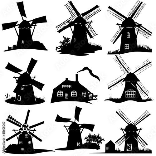 windmill, wind, mill, sky, old, building, architecture, landscape, agriculture, dutch, power, traditional, blue, farm, energy, rural, flour, mills, vector, wood, countryside, holland, sails, white, na