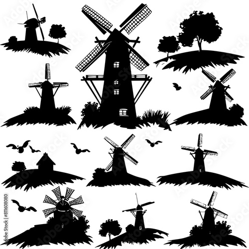 windmill, wind, mill, sky, old, building, architecture, landscape, agriculture, dutch, power, traditional, blue, farm, energy, rural, flour, mills, vector, wood, countryside, holland, sails, white, na