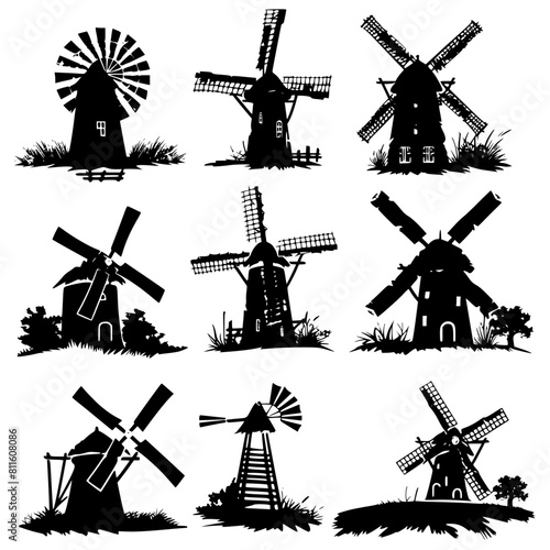 windmill, wind, mill, sky, old, building, architecture, landscape, agriculture, dutch, power, traditional, blue, farm, energy, rural, flour, mills, vector, wood, countryside, holland, sails, white, na