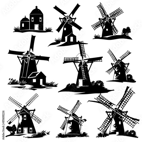 windmill, wind, mill, sky, old, building, architecture, landscape, agriculture, dutch, power, traditional, blue, farm, energy, rural, flour, mills, vector, wood, countryside, holland, sails, white, na