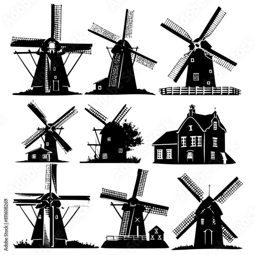 windmill, wind, mill, sky, old, building, architecture, landscape, agriculture, dutch, power, traditional, blue, farm, energy, rural, flour, mills, vector, wood, countryside, holland, sails, white, na