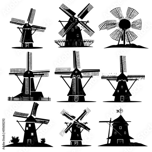 windmill, wind, mill, sky, old, building, architecture, landscape, agriculture, dutch, power, traditional, blue, farm, energy, rural, flour, mills, vector, wood, countryside, holland, sails, white, na