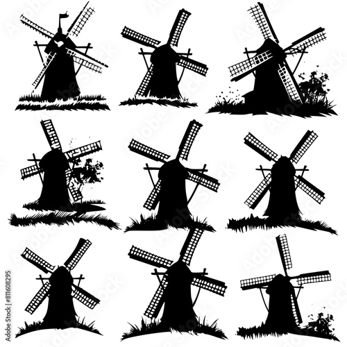 windmill, wind, mill, sky, old, building, architecture, landscape, agriculture, dutch, power, traditional, blue, farm, energy, rural, flour, mills, vector, wood, countryside, holland, sails, white, na