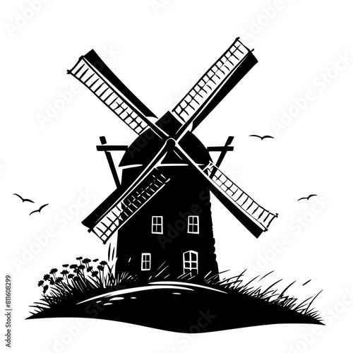 windmill, wind, mill, sky, old, building, architecture, landscape, agriculture, dutch, power, traditional, blue, farm, energy, rural, flour, mills, vector, wood, countryside, holland, sails, white, na