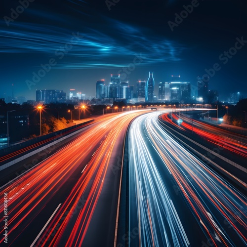 Highway at night with city lights in the background, long exposure. Generative AI.