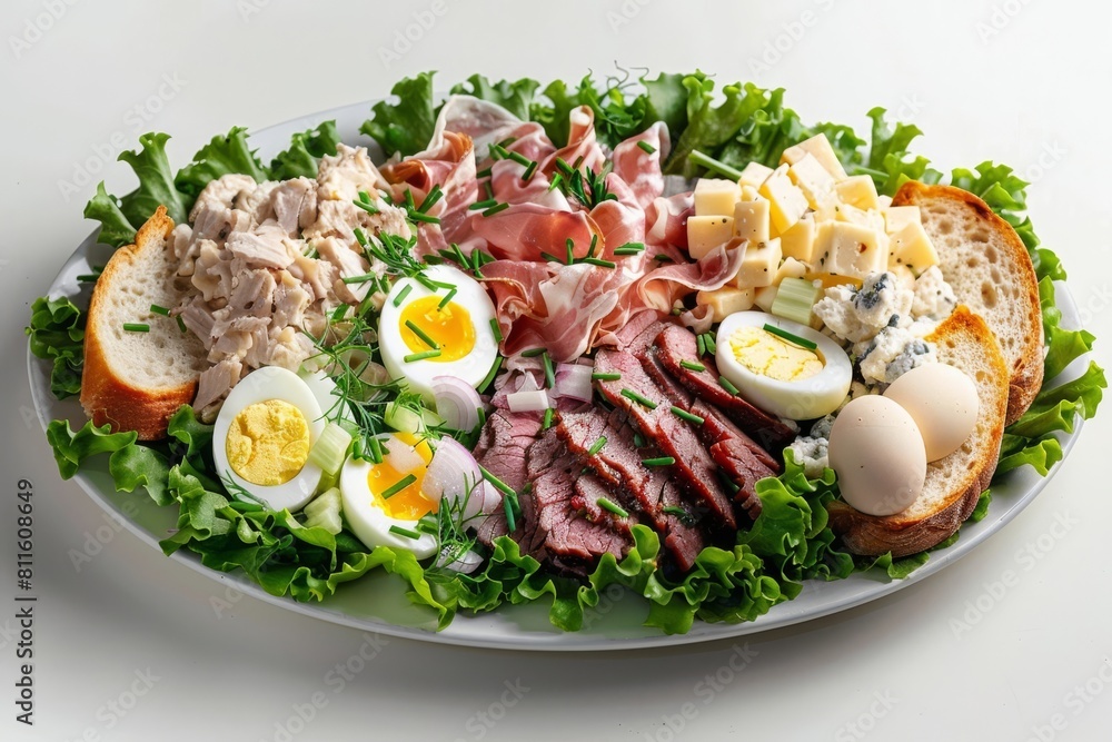 Three Salad Platter with Beef, Ham, and Chicken Rillette Three Salad Platter with Beef, Ham, and Chicken Rillette