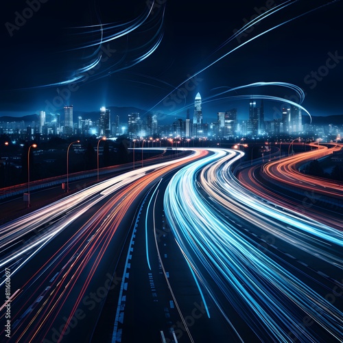 Highway at night with city lights in the background  long exposure. Generative AI.