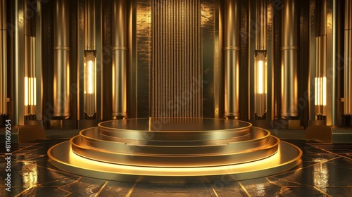3D rendering of an empty golden podium.