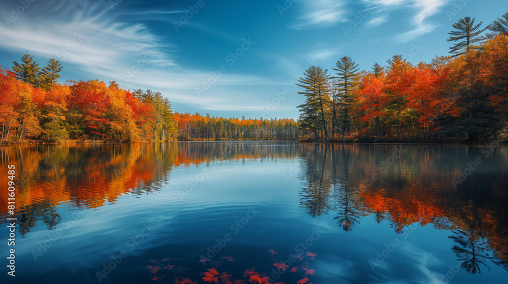 autumn in the forest, blue sky and colorful trees reflection in lake water