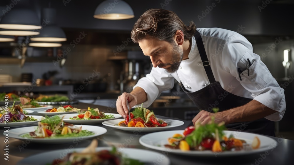 Young cooks men in aprons carefully serving meal in white ceramic dishes on restaurant kitchen