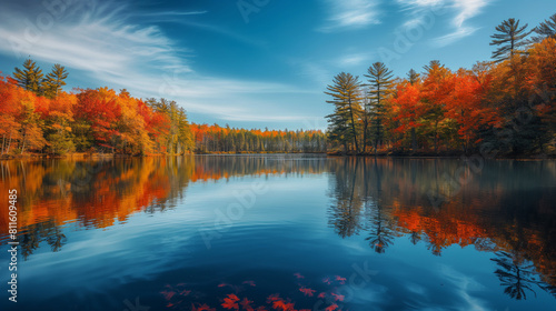 autumn in the forest  blue sky and colorful trees reflection in lake water