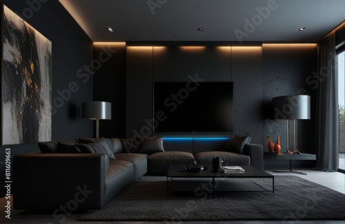 Modern living room with fireplace, TV, and luxurious furniture