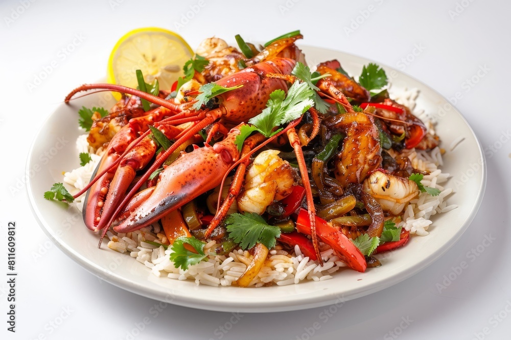 Tantalizing 3 Pepper Lobster Stir-fry with Zesty Lemon Garnish Tantalizing 3 Pepper Lobster Stir-fry with Zesty Lemon Garnish