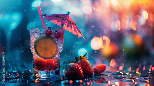 Vibrant Cocktail Nightlife Scene. A colorfully lit, refreshing cocktail adorned with an umbrella and fruit garnish photo