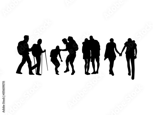 hiking couple silhouette. set of hiking couple silhouettes in various poses. hiking couple vector illustration isolated on a white background.