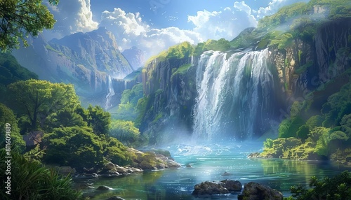 A majestic waterfall cascading over a cliff into a crystalclear pool surrounded by lush greenery