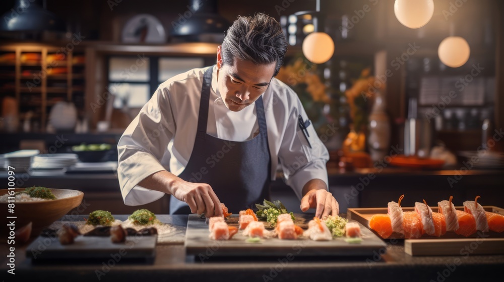 professional chef of Japanese origin prepares a traditional sushi dish or Japanese rolls in a modern kitchen in a restaurant.