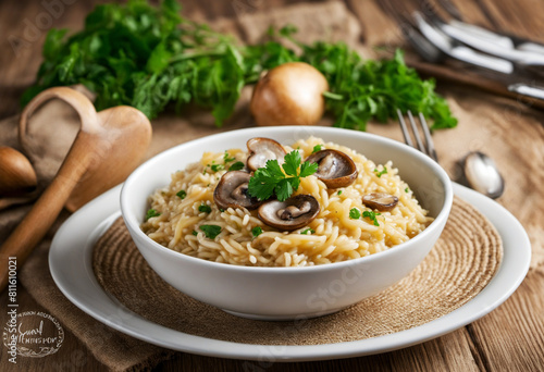 Delicious Traditioonal Meal, Kaszotto- polish risotto from barley groats with mushrooms photo