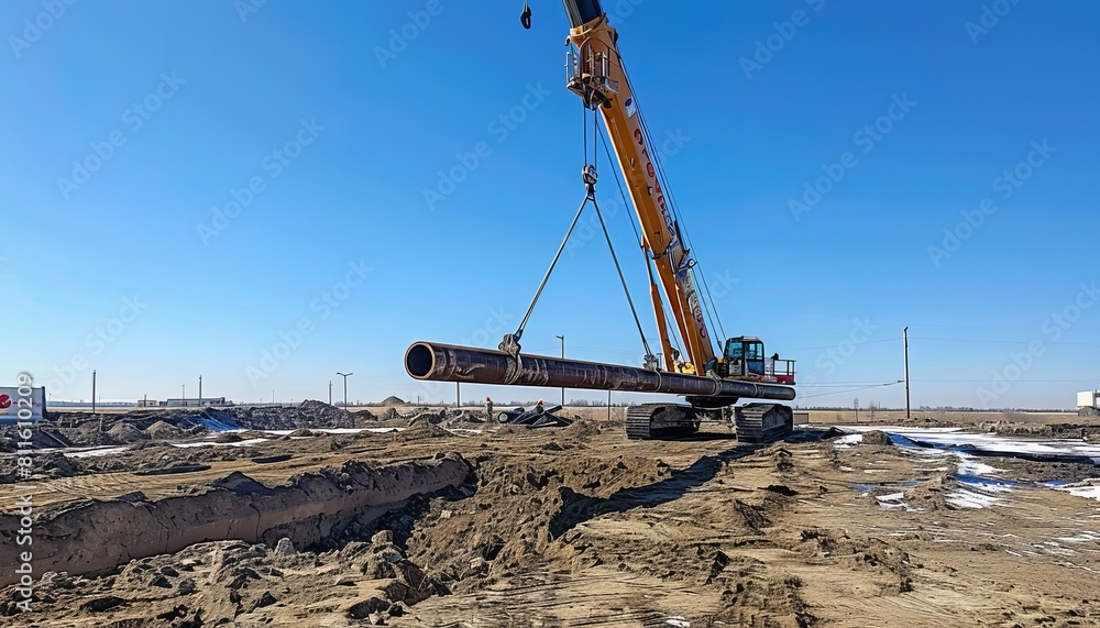 A massive crane at a construction site lifting a long metal pipe against a clear blue sky