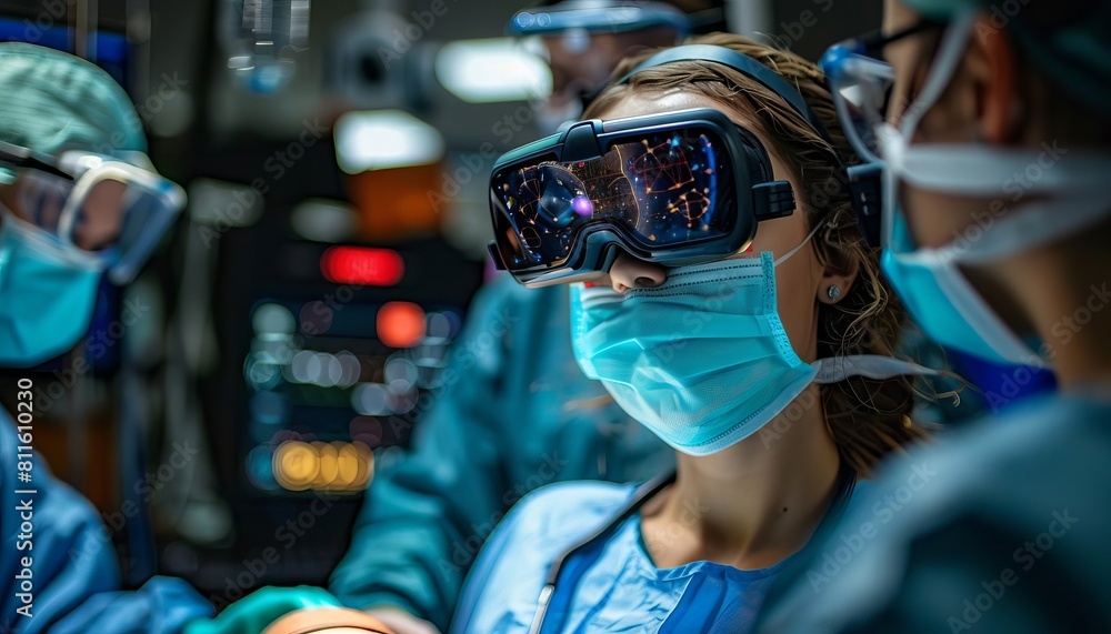 A medical student using augmented reality to practice surgical procedures on a virtual patient in a simulated environment A medical student using augmented reality to practice surgical procedures on a virtual patient in a simulated environment