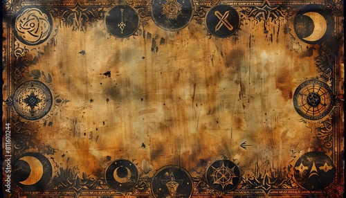 A medievalstyle banner featuring intricate witchcraft symbols and runes, with space for event information photo