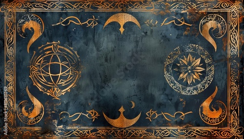 A medievalstyle banner featuring intricate witchcraft symbols and runes, with space for event information photo