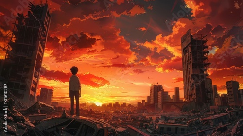 Anime scene of a lonely girl in a post-apocalyptic world, sunset, warm colors, art
