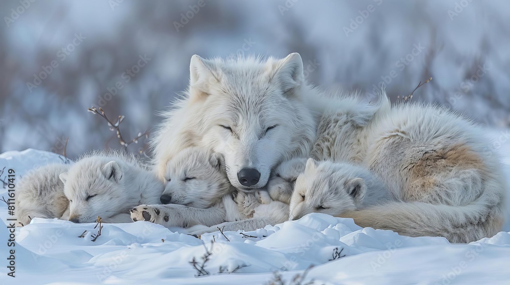 A mother arctic wolf nursing her pups in a cozy den beneath the snow, providing warmth and protection A mother arctic wolf nursing her pups in a cozy den beneath the snow, providing warmth and protection