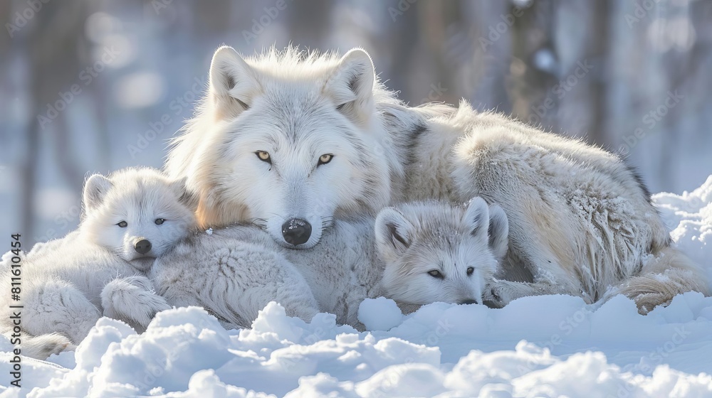 A mother arctic wolf nursing her pups in a cozy den beneath the snow, providing warmth and protection