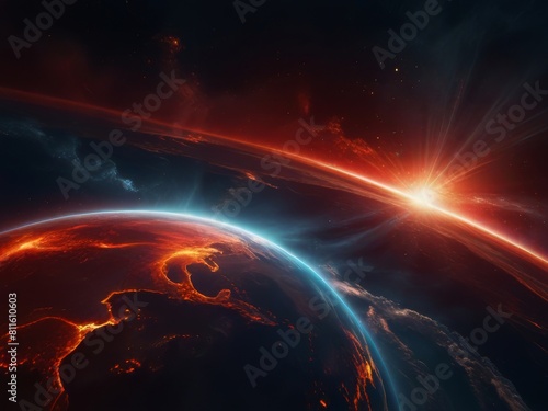 Fiery Earth in Cosmic Expanse cosmic backdrop of stars © supachai