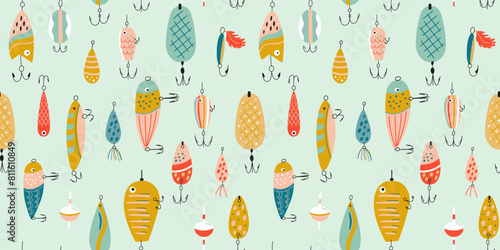 Fishing lures seamless pattern. Cute colorful fishing hook repeat background. Vector Fathers day wallpaper, print for Dads day, fisherman equipment. Funny textile design, wrap paper, cartoon design.