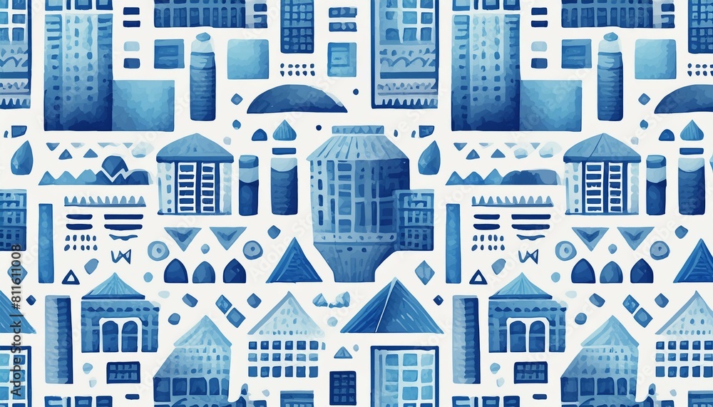 Seamless watercolor pattern. Blue geometric elements on a white background. Handmade. Geometric ornament, bohemian cute print. Uneven edges. Vector illustration. Seamless watercolor pattern. Blue geometric elements on a white background. Handmade. Geometric ornament, bohemian cute print. Uneven edges. Vector illustration.
