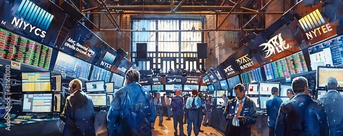 Capture the energy of a busy stock exchange floor with traders making deals and shouting bids