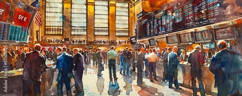 Capture the energy of a busy stock exchange floor with traders making deals and shouting bids