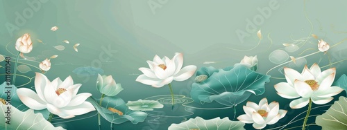 A lotus pattern background with white and gold lines in the vector illustration style, turquoise blue gradient background, flat design, in the style of Chinese painting. photo