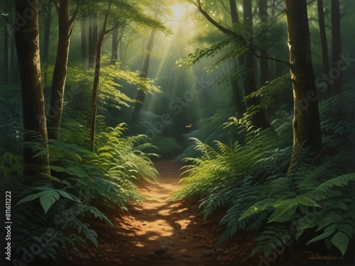 Scenery of sunlight filtering through the leaves in a lush green forest