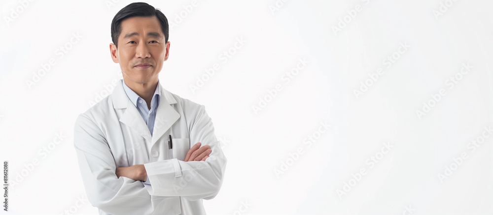 A confident Asian male doctor standing with arms crossed in a clinical setting, showcasing professionalism. A confident Asian male doctor standing with arms crossed in a clinical setting, showcasing professionalism.