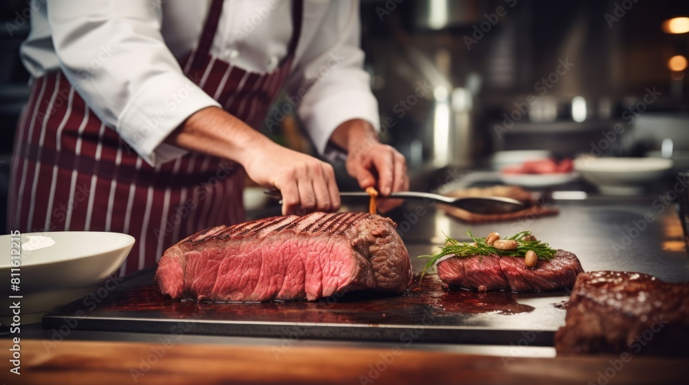 Hands of a male chef preparing juicy steaks of medium-rare beef near the stove in a modern restaurant kitchen