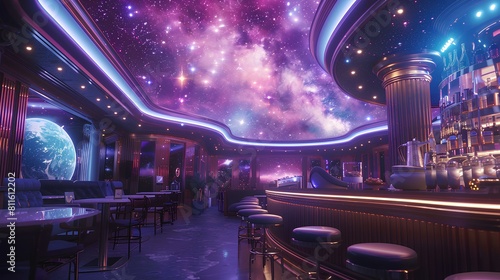 Space Bar with Cosmic Sky View,An imaginative space bar scene with luxurious seating under a cosmic sky filled with stars and a vibrant galaxy view.

 photo