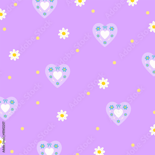 Illustration of flowers, heart on a pastel purple background for floral print, girly pattern, kid clothes, dress, gift wrap, packaging, fabric, wallpaper, backdrop, picnic, Valentine card, textile, ad