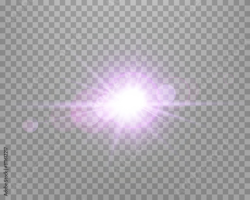 Purple sunlight lens flare, sun flash with rays and spotlight. Glowing burst explosion on a transparent background.