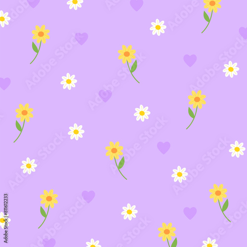 Illustration of daisy flowers, sunflowers, heart on a pastel purple background for floral print, girly pattern, kid clothes, gift wrap, packaging, fabric, wallpaper, backdrop, picnic, Valentine card