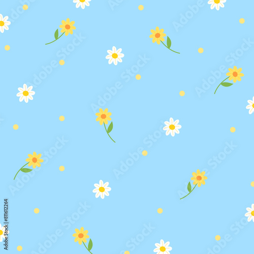 Illustration of daisy flowers, sunflowers on a blue background for floral print, girly pattern, kid clothes, gift wrap, packaging, fabric, wallpaper, backdrop, picnic, spring, summer, textile, garment