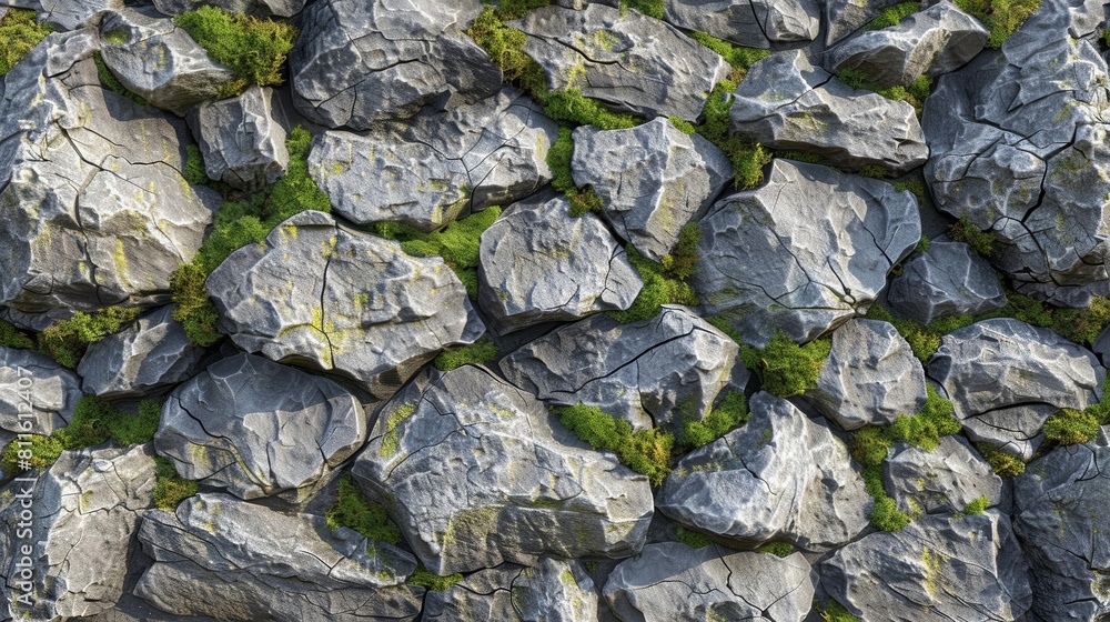 Hyper-realistic stone texture featuring rugged surface and moss details in shades of gray and green