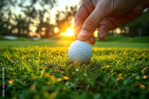 A golfer places a golf ball on a tee in a lush green field as the sun rises in the distance, casting a warm glow over the scene. photo