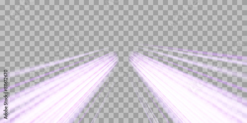 Radial speed rays, light neon flow, zoom in motion effect, purple glow speed lines, colorful light trails, perspective stripes. Abstract background, vector illustration.
