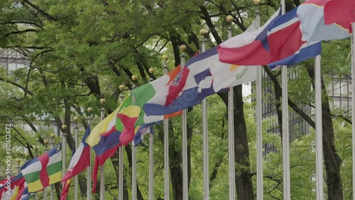Line of national flags waving in front of the United Nations headquarters in New York City