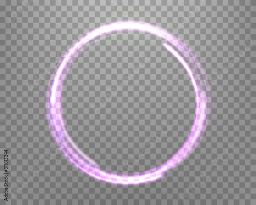 Glowing purple magic ring. Neon realistic energy flare halo ring. Abstract light effect on a transparent background. Vector illustration.