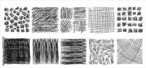 Set of hand drawn doodle scribble charcoal elements isolated on a white background. Vector illustration with pencil shading. Set for design.