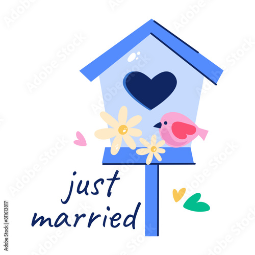 Premium flat sticker of birdhouse with wedding typography 